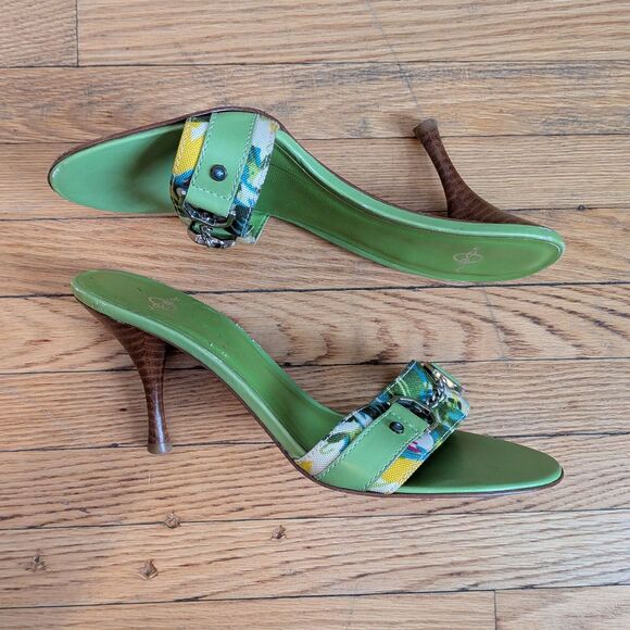 Vintage Y2K Joey O Mules Heeled Sandals Green Buckle 2000s Size 6.5 - Picture 4 of 10